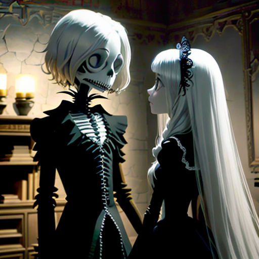 a couple of women standing next to each other in a room with candles on the wall and a skeleton on the wall