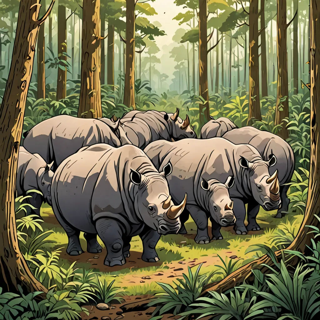 a group of rhinos walking through a forest filled with trees and plants, with a path leading to them, sumatraism, an illustration of, Dan Mumford, official art