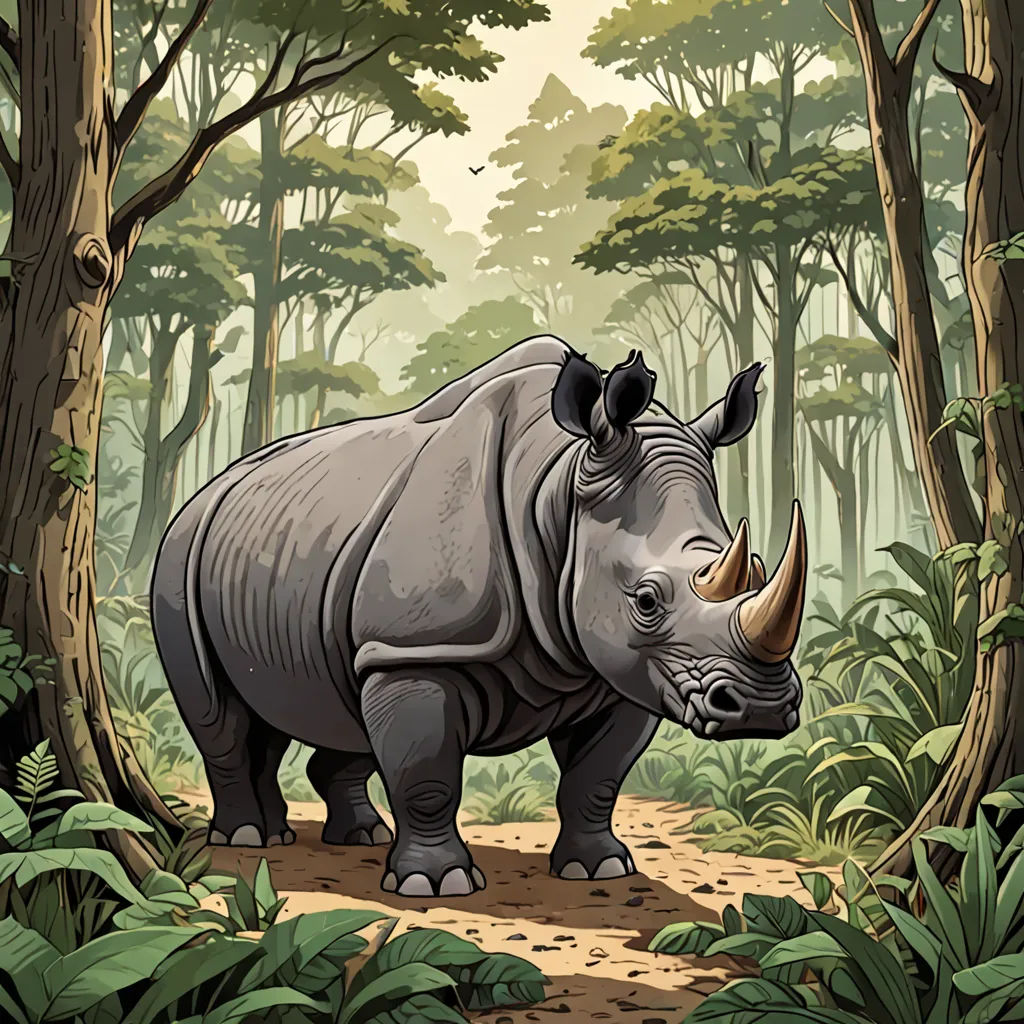 a rhino standing in the middle of a forest with trees and plants around it, with a path leading to it, sumatraism, an illustration of, Chris LaBrooy, detailed illustration