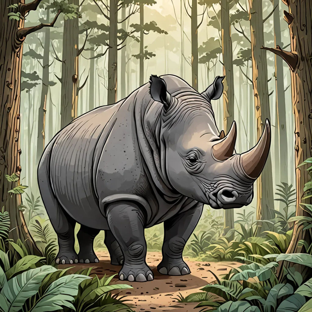 a rhino standing in the middle of a forest with trees and plants around it, with a sunbeam in the background, sumatraism, an illustration of, Chris LaBrooy, detailed illustration