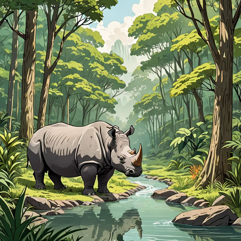 a rhino standing in a forest next to a river and trees with a sky background and a reflection of the rhino, environmental art, a storybook illustration, Chris LaBrooy, detailed illustration