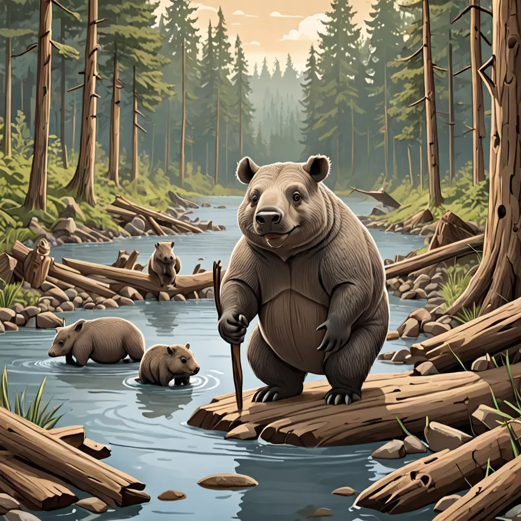a bear is standing on a log in a river with two cubs in the background and a bear holding a stick, environmental art, a storybook illustration, Chris LaBrooy, josan gonzales and dan mumford