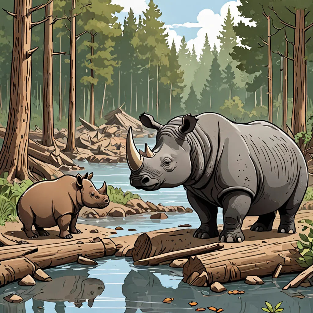 a rhino and a rhinoceros are standing in the woods by a river and a fallen tree trunk, incoherents, a storybook illustration, Chris LaBrooy, storybook illustration