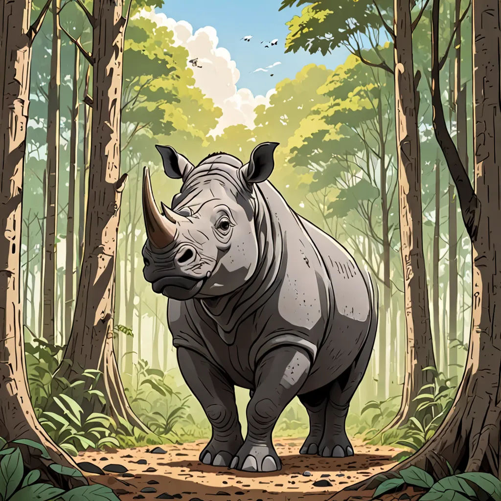 a rhino standing in the middle of a forest with trees and leaves around it, with a sky background, sumatraism, a storybook illustration, Dan Mumford, laurie greasley