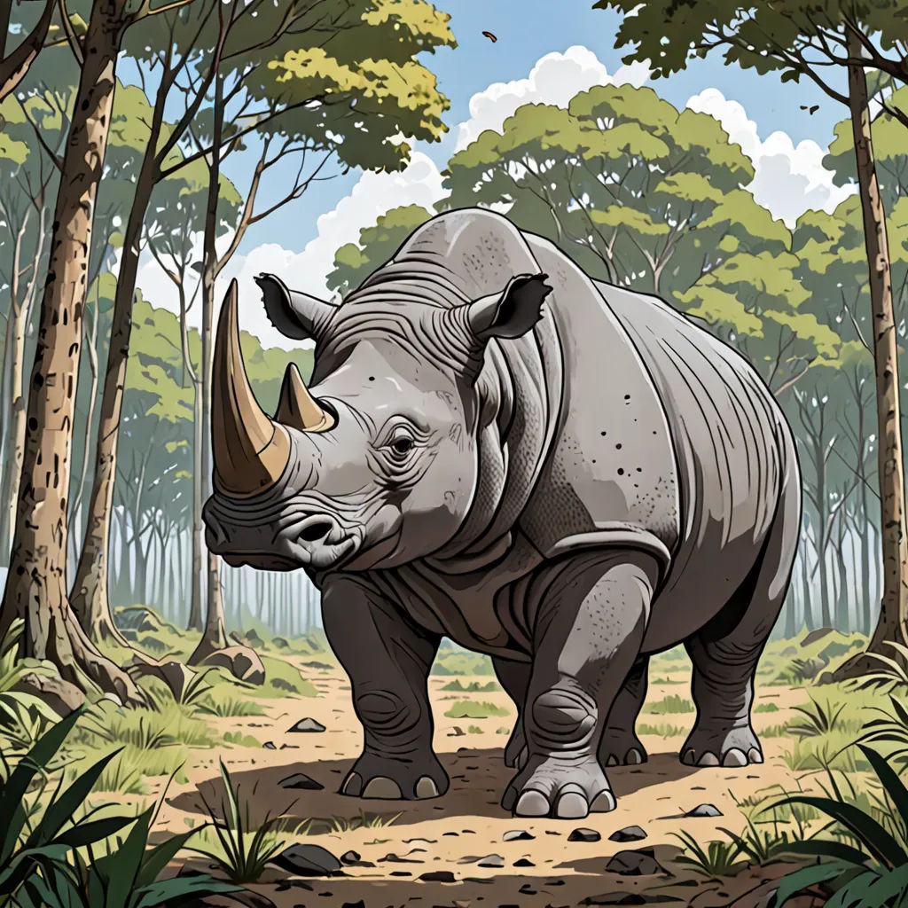 a rhinoceros standing in a forest with trees and rocks on the ground and a sky background with clouds, sumatraism, an illustration of, Chris LaBrooy, detailed illustration