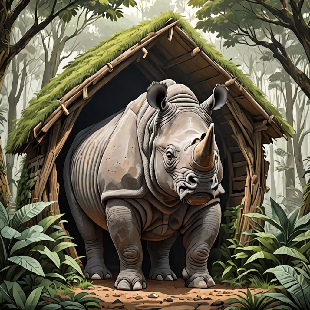 a rhinoceros standing in front of a small house in the woods with a mossy roof and a green roof, fantastic realism, a storybook illustration, Chris LaBrooy, highly detailed digital painting
