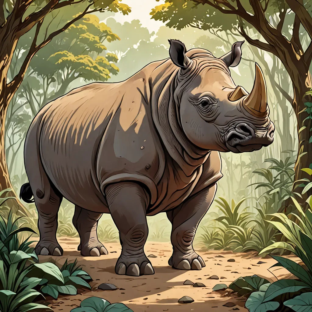 a rhino standing in a forest with trees and rocks on the ground and a path leading to it's right, sumatraism, an illustration of, Chris LaBrooy, high detail illustration