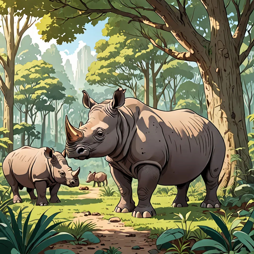 a rhino and her baby in a forest scene with trees and grass and rocks and rocks and rocks on the ground, sumatraism, a storybook illustration, Chris LaBrooy, official art