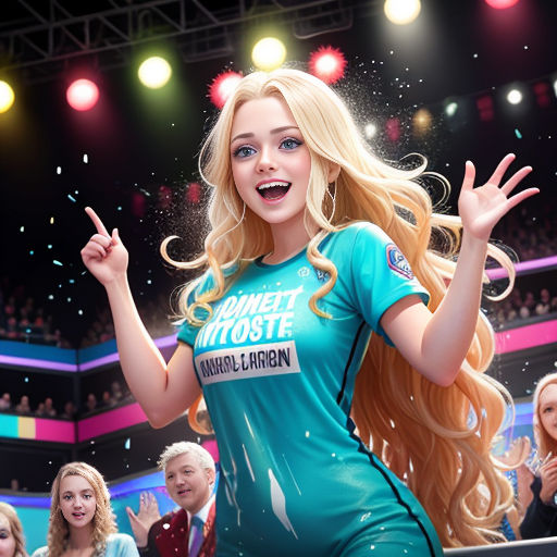 a woman in a blue shirt is standing in front of a crowd of people and a microphone with her hands up