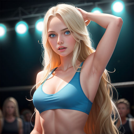 a woman in a bikini posing for a picture in front of a crowd of people at a sporting event