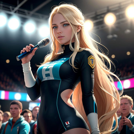 a woman in a bodysuit holding a microphone in front of a crowd of people in a stadium with a microphone