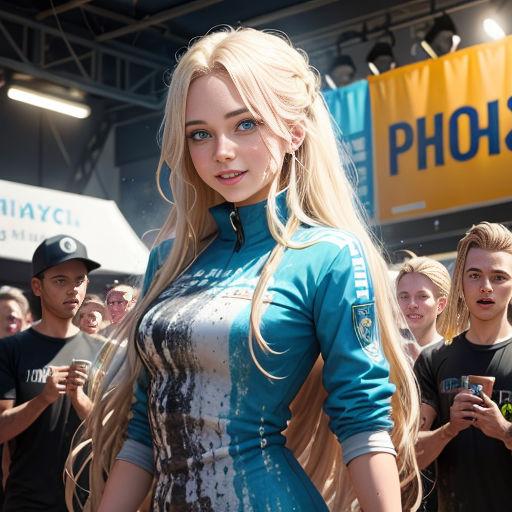 a woman in a blue dress standing in front of a crowd of people at a convention or show with a phone
