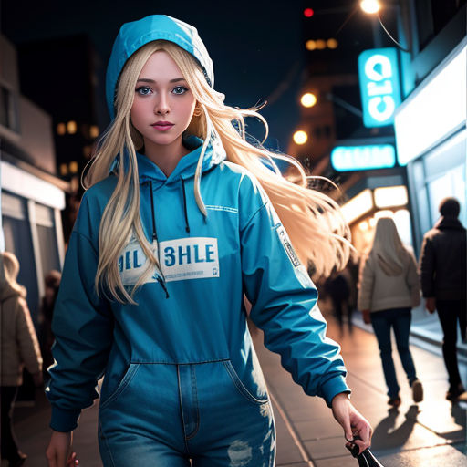 a woman with a suitcase walking down a street at night with a blue hoodie on and a blue hat on