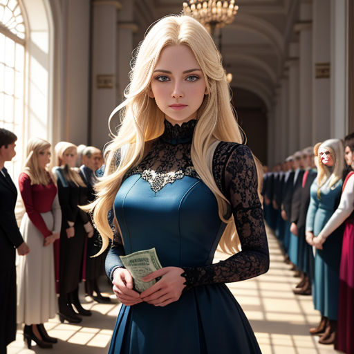 a woman in a blue dress standing in a line of people in formal wear and holding a stack of money