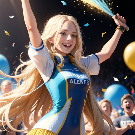 a woman in a cheerleader uniform is holding a blue and yellow ribbon and confetti in the air