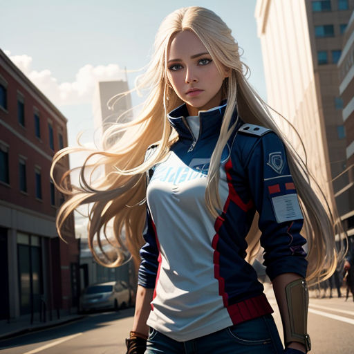 a woman with long blonde hair walking down a street next to tall buildings and a motorcycle helmet on her head