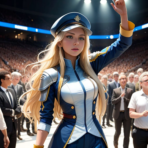 a woman dressed in a uniform is standing in front of a crowd of people in a stadium with a microphone