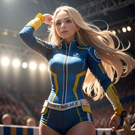 a woman in a blue and yellow suit is posing for a picture in front of a crowd of people