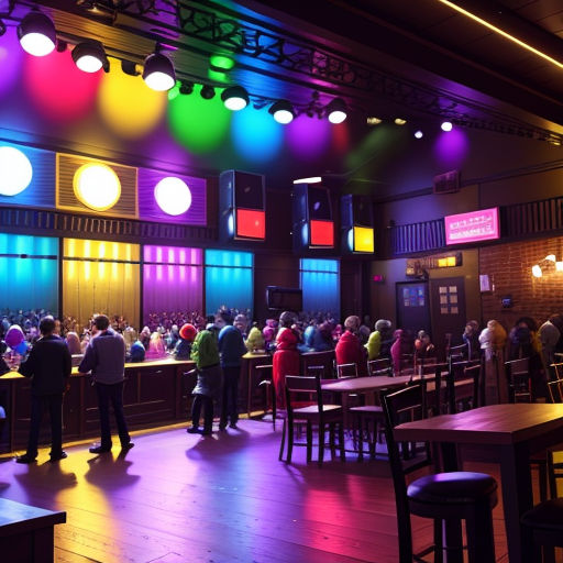 a group of people standing around a bar with lights on it's ceiling and a crowd of people standing around
