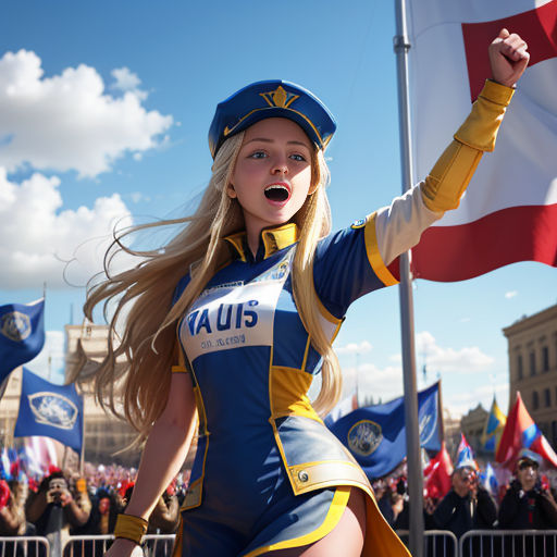 a woman in a uniform holding a flag and a flag pole in front of a crowd of people in a city