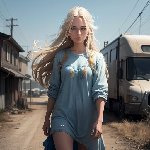 a woman walking down a dirt road next to a train car and a truck on the side of the road
