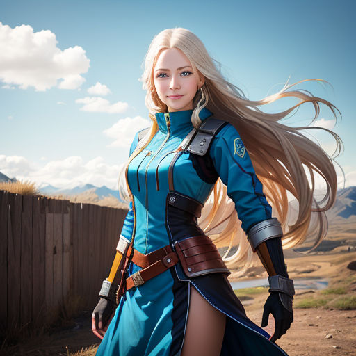 a woman in a blue dress with long blonde hair and a sword in her hand, standing in a fenced in area