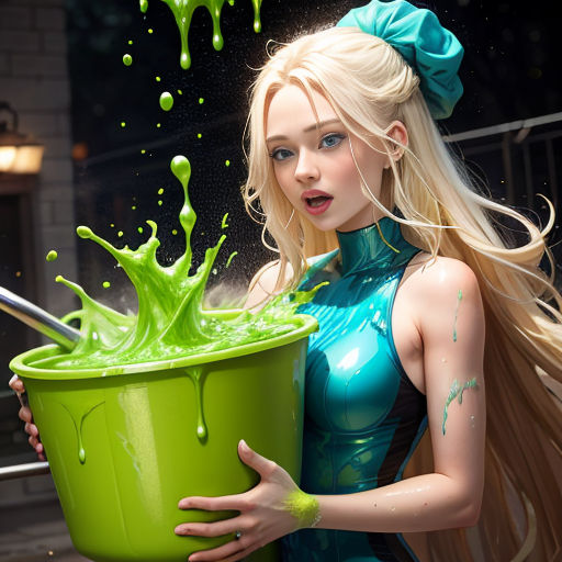 a woman in a green dress holding a green bucket of green liquid and a green bow on her head