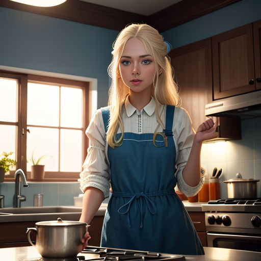 a woman in a blue apron is standing in a kitchen with a pot and pan on the counter top