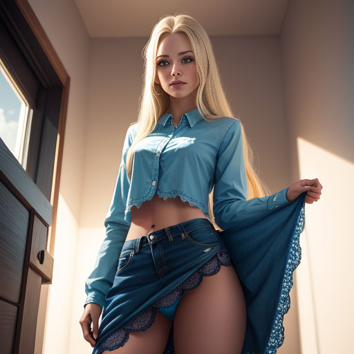 a woman in a blue shirt and skirt posing for a picture with a blue skirt on her lapel