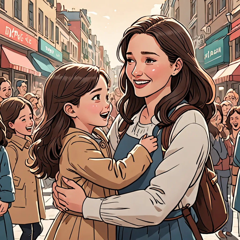 a woman hugging a little girl in a crowd of people on a city street with buildings in the background, serial art, a storybook illustration, artist, storybook illustration