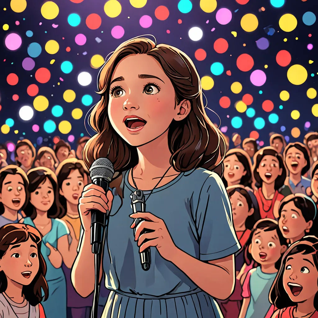 a woman speaking into a microphone in front of a crowd of people with balloons in the background at a party, lyco art, a comic book panel, Asaf Hanuka, comic cover art