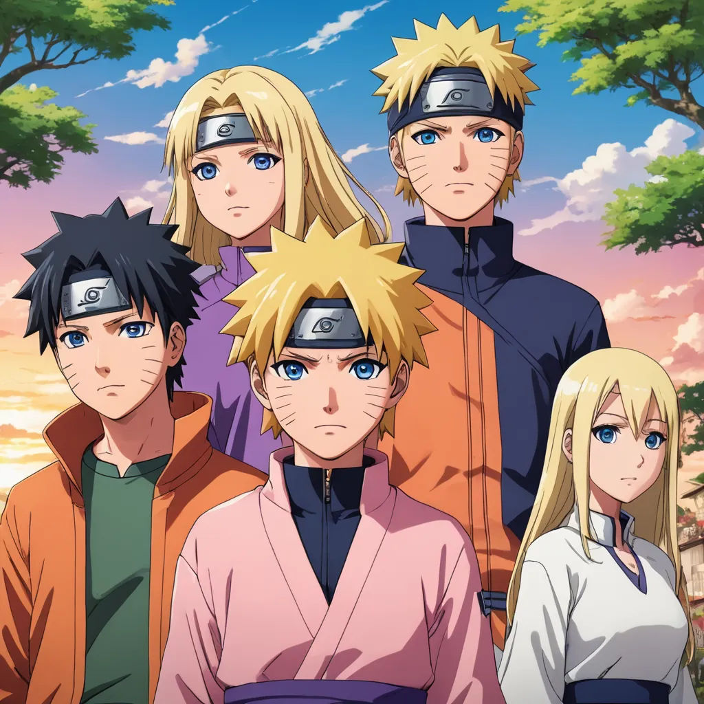 a group of people standing next to each other in front of a sunset and trees with the sky in the background, les nabis, an album cover, Baiōken Eishun, official art