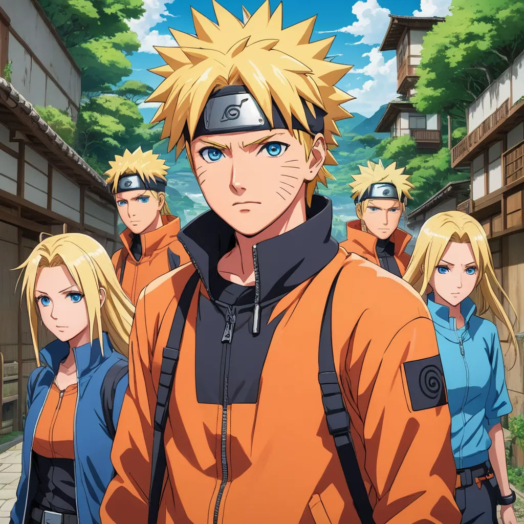 a group of people in orange and blue outfits standing in a street with trees in the background and a sky in the background, les nabis, an album cover, Baiōken Eishun, official art