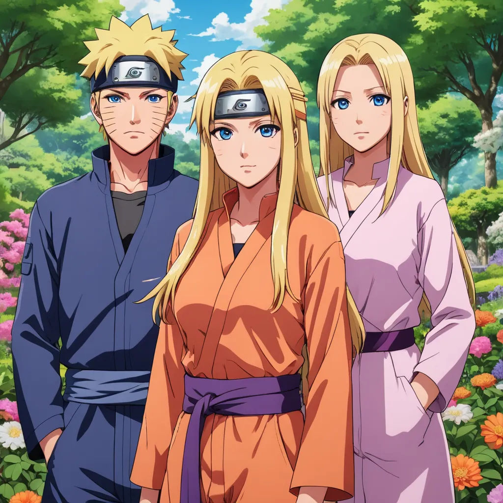 a group of people standing next to each other in front of flowers and trees with a sky background and a blue sky, sots art, an album cover, Baiōken Eishun, official art