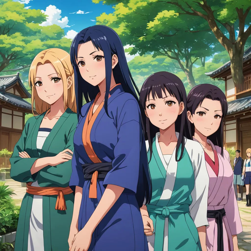 a group of women standing next to each other in front of a tree and building with people in the background, ukiyo-e, concept art, Baiōken Eishun, official art