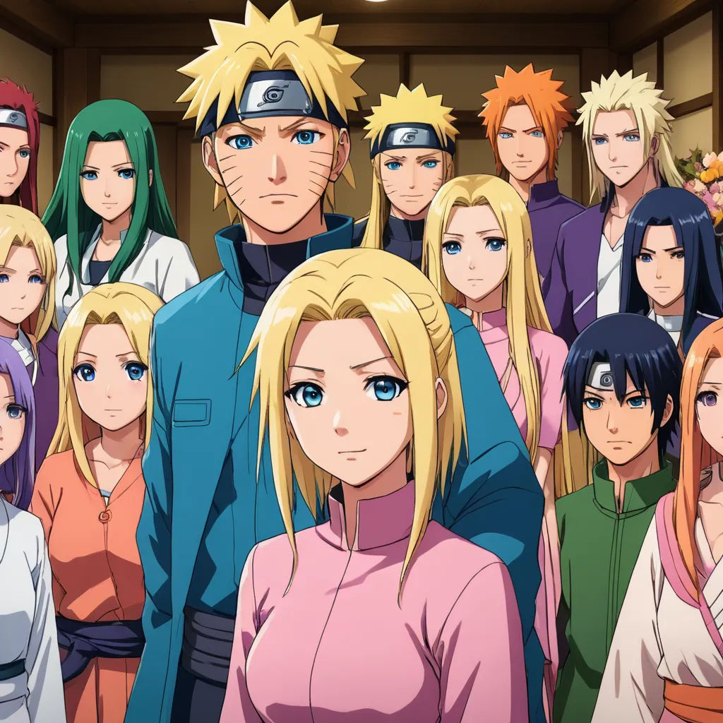 a group of people standing in a room with anime characters in the background and a man in the middle, les nabis, a detailed drawing, Baiōken Eishun, anime