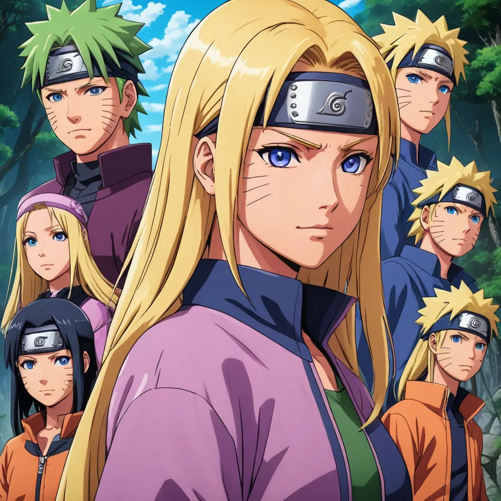 a group of people with different colored hair and blue eyes in front of a forest with trees and clouds, les nabis, an album cover, Baiōken Eishun, official art
