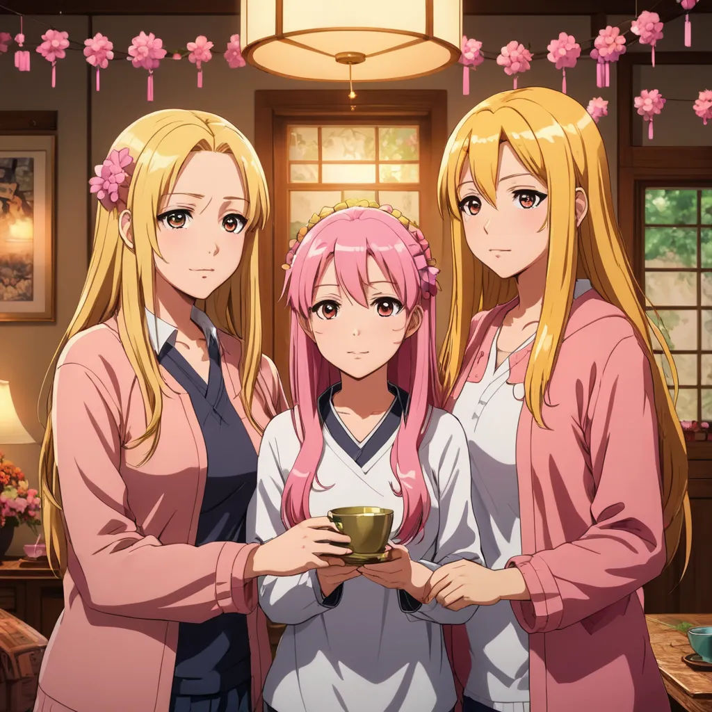 three girls standing next to each other in a room with a table and a lamp on it and a vase, rayonism, a poster, Aya Goda, official art