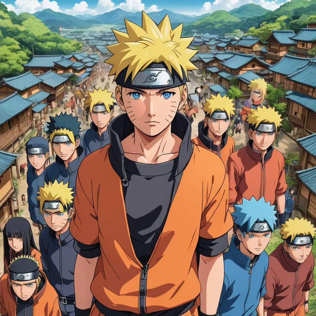a group of people standing in front of a village with many buildings and trees on the ground, with one man wearing an orange shirt and black, les nabis, a detailed drawing, Baiōken Eishun, anime