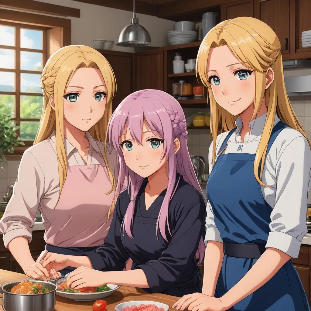 three girls standing in a kitchen preparing food together, one of them is cutting a tomato and the other is holding a bowl of vegetables, sots art, a stock photo, Anne Said, official art