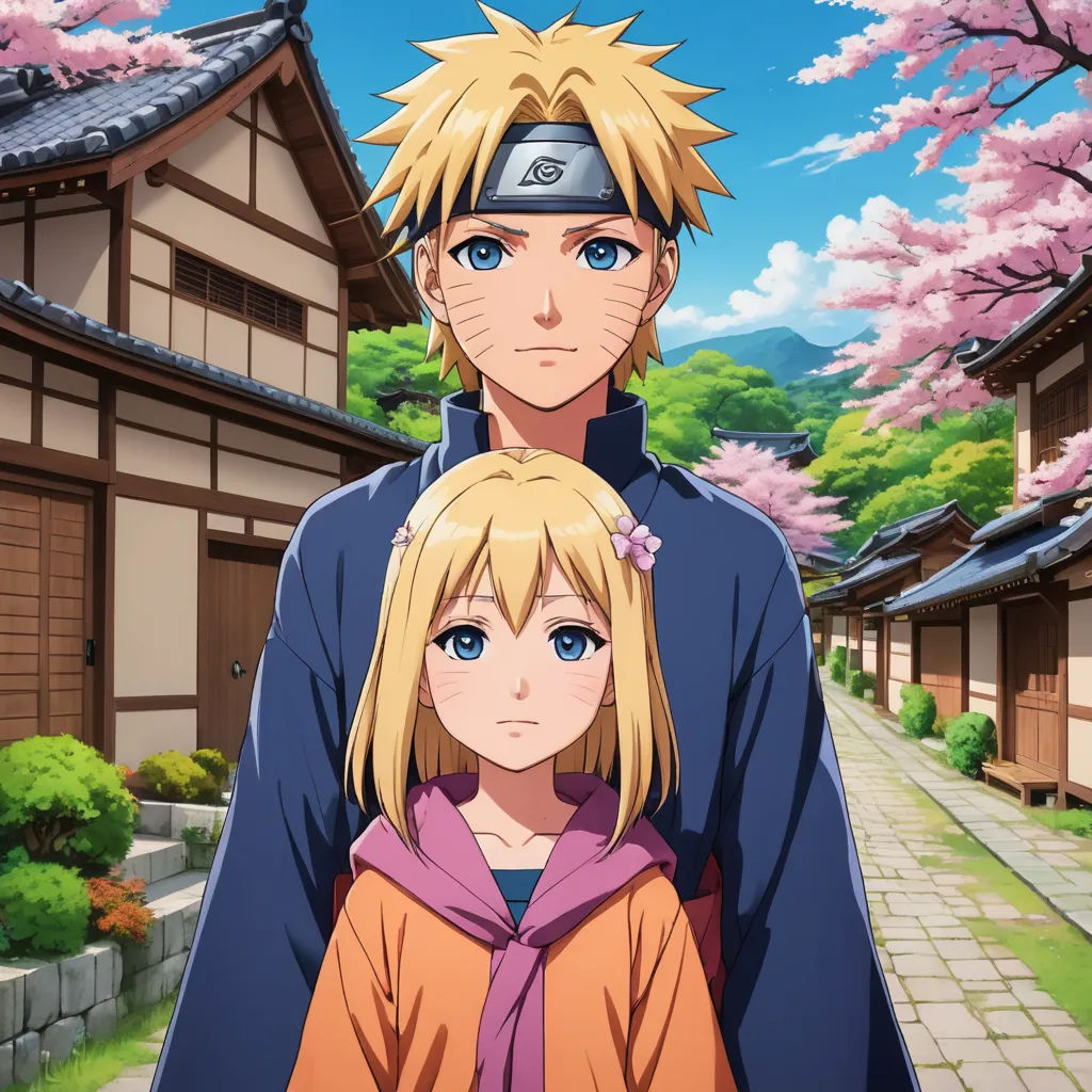 a man and a woman standing in front of a building with cherry blossom trees in the background and a man in a blue shirt and hat, les nabis, concept art, Baiōken Eishun, official art