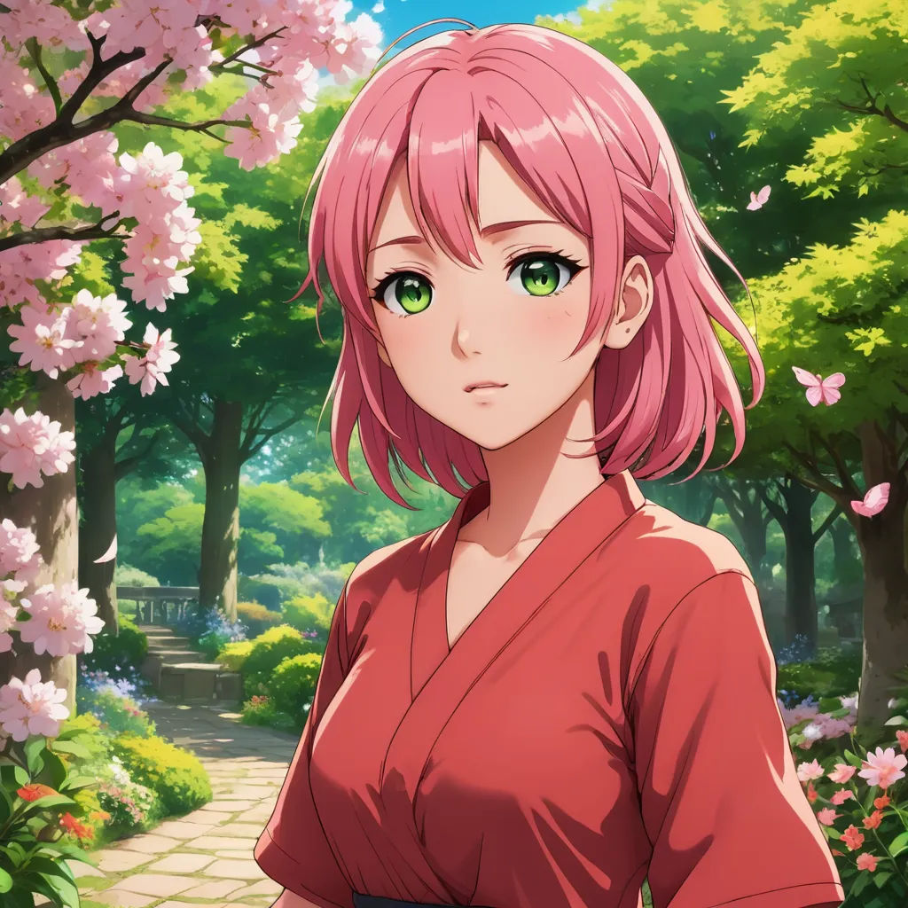 a girl with pink hair and green eyes standing in front of a tree with pink flowers and a path, sots art, a character portrait, Aguri Uchida, official art