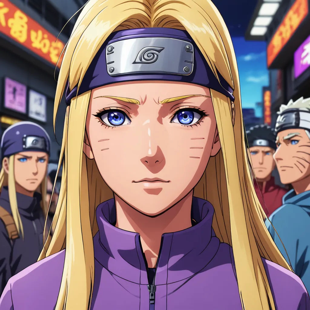 a woman with blonde hair and blue eyes in a anime avatar with other people in the background looking on, photorealism, a character portrait, Baiōken Eishun, official art
