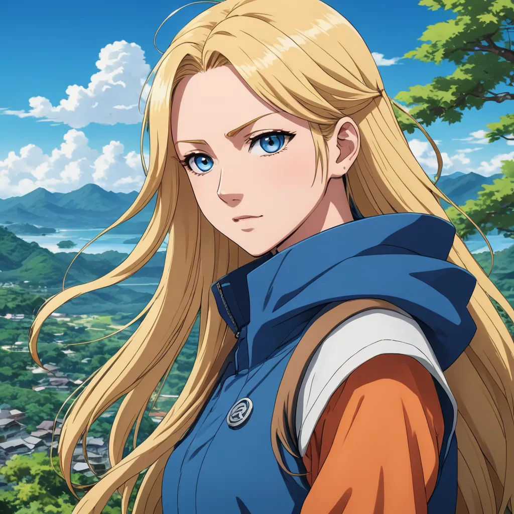 a blonde haired woman with long hair and blue eyes stands in front of a scenic landscape with mountains and trees, sots art, a character portrait, Chizuko Yoshida, official art