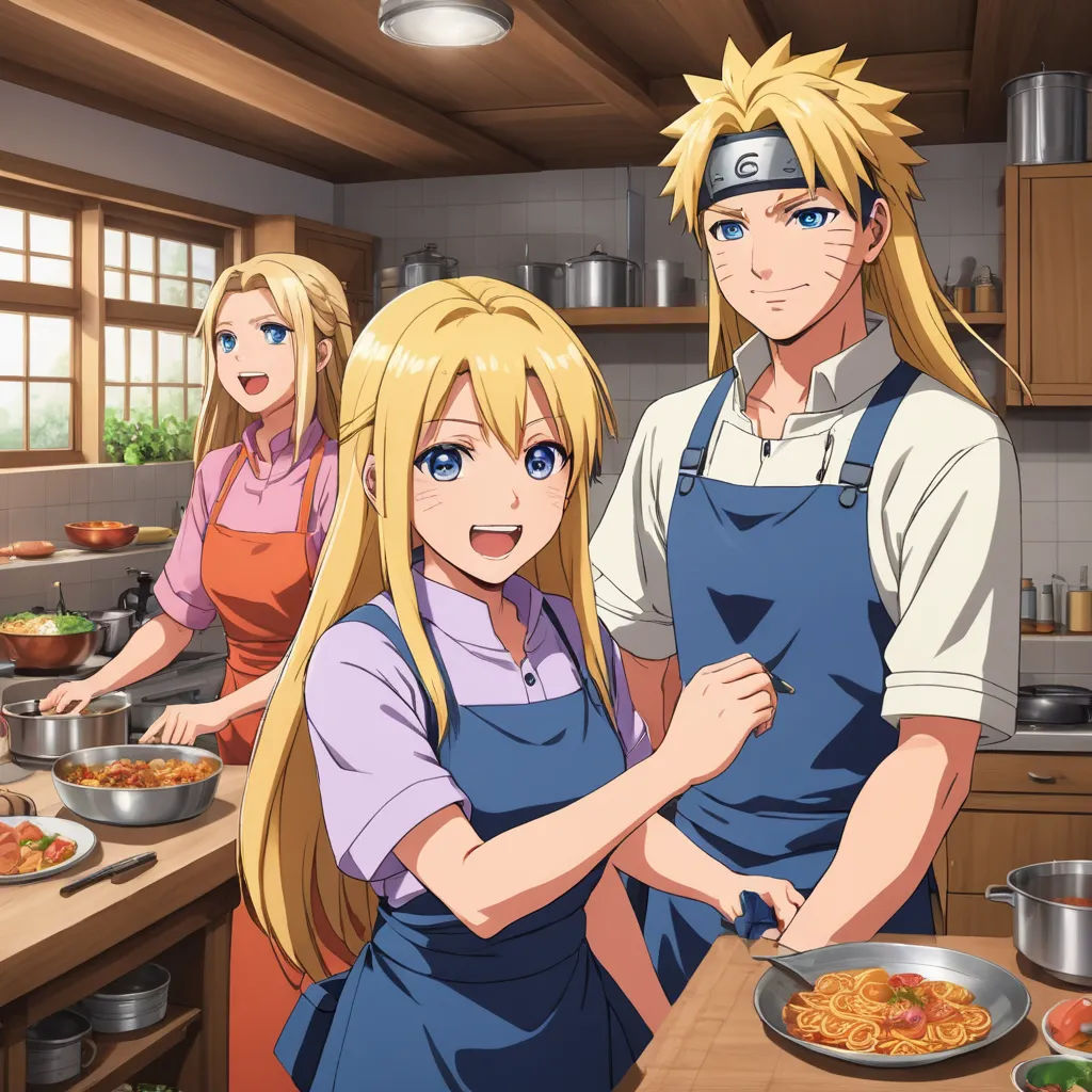 a man and woman in a kitchen with a bowl of food in front of them and a man in the background, remodernism, concept art, Baiōken Eishun, official art
