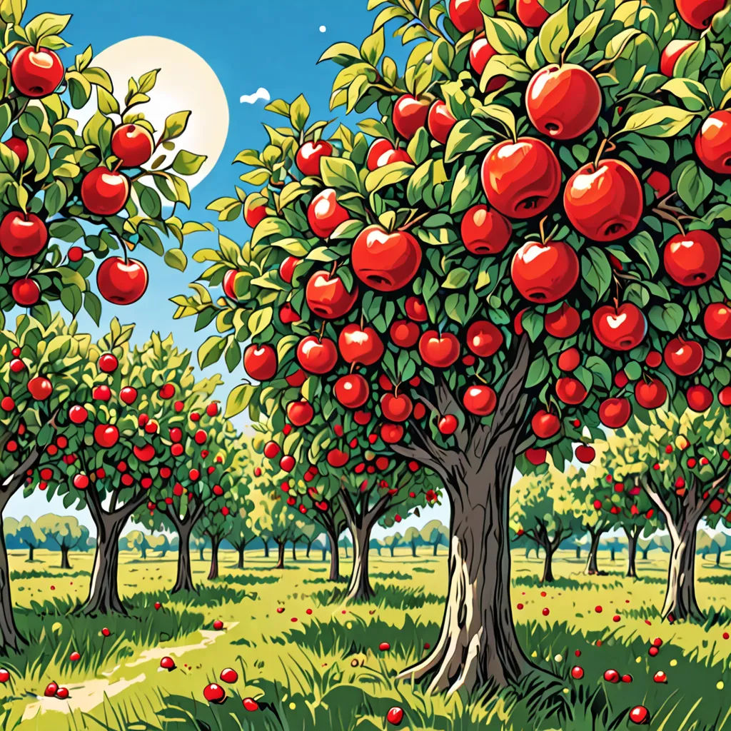 a painting of a field full of apples trees with red apples on them and a full moon in the sky, precisionism, a storybook illustration, Dan Mumford, detailed illustration