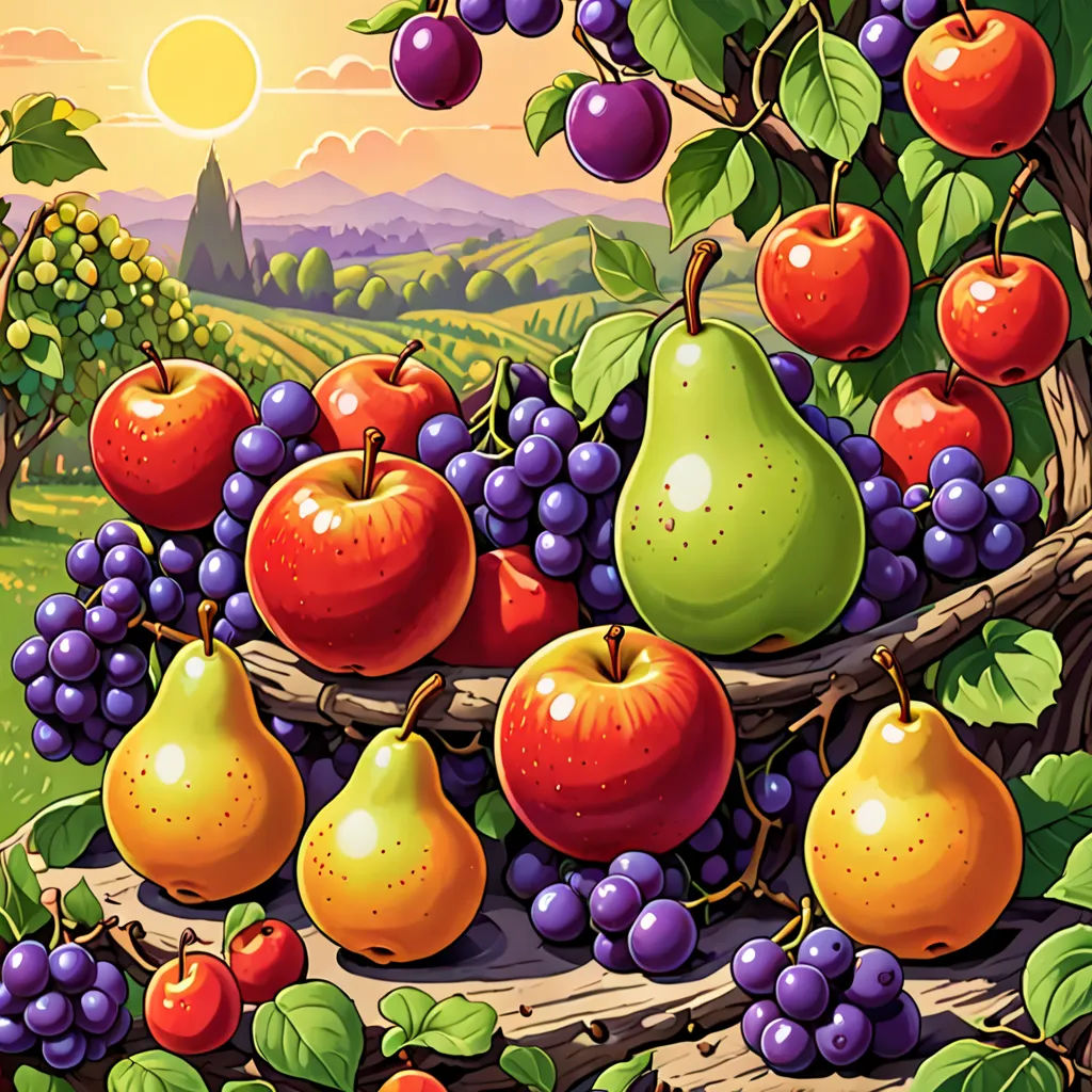 a painting of a bunch of fruit on a tree branch with a sunset in the background and a field of trees, synthetism, computer graphics, Art Green, harvest fall vibrancy