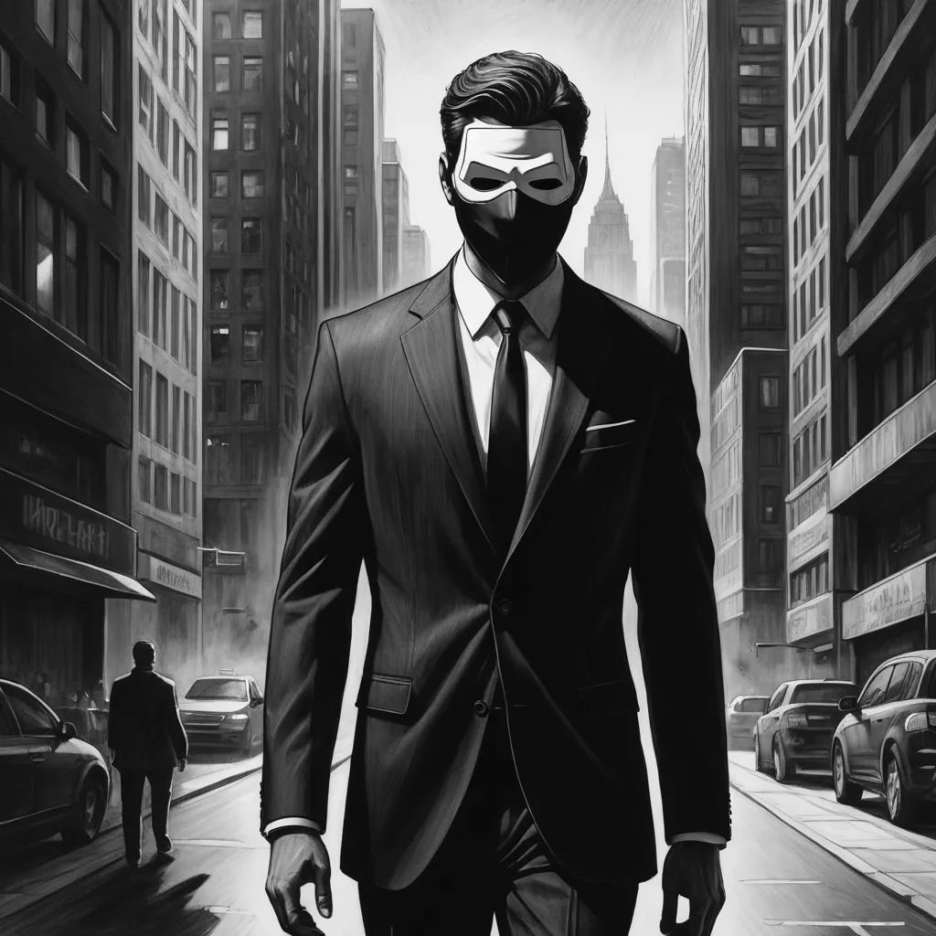 a man in a suit and mask walking down a street in a city with tall buildings and cars on the street, serial art, an ultrafine detailed painting, Alejandro Burdisio, noir