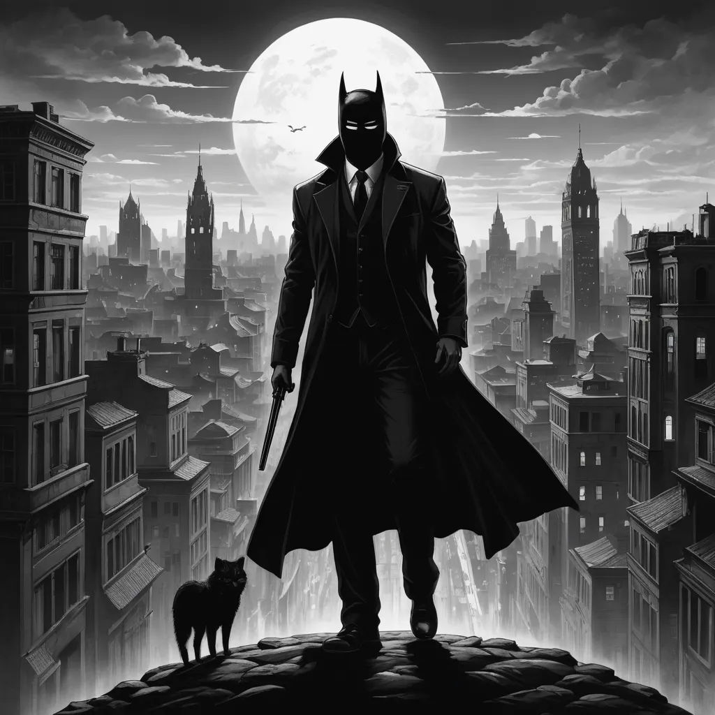 a man in a suit and tie standing on a roof with a dog in front of a full moon, gothic art, an ultrafine detailed painting, Dan Mumford, noir