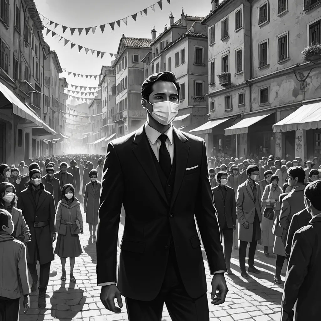 a man in a suit and mask walking down a street with a crowd of people in the background in a black and white photo, modern european ink painting, an ultrafine detailed painting, Diego Gisbert Llorens, dystopian art